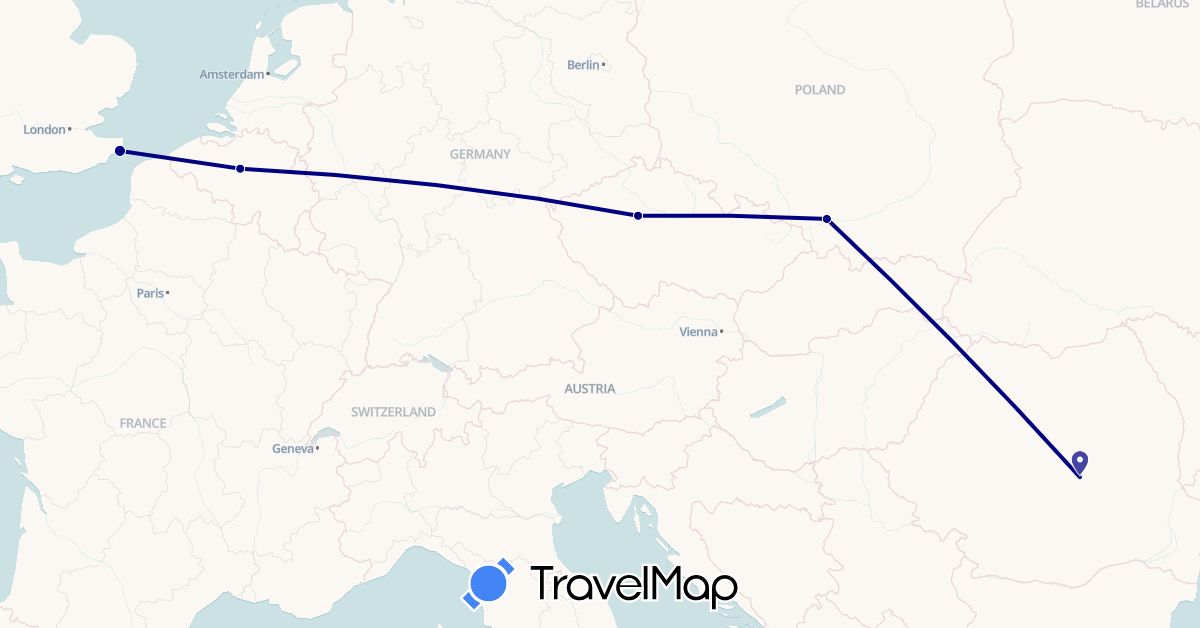 TravelMap itinerary: driving in Belgium, Czech Republic, United Kingdom, Poland, Romania (Europe)